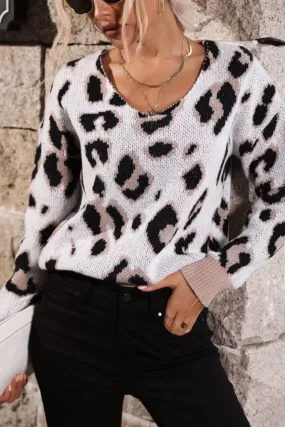 White Leopard Knit V Neck Sweaters