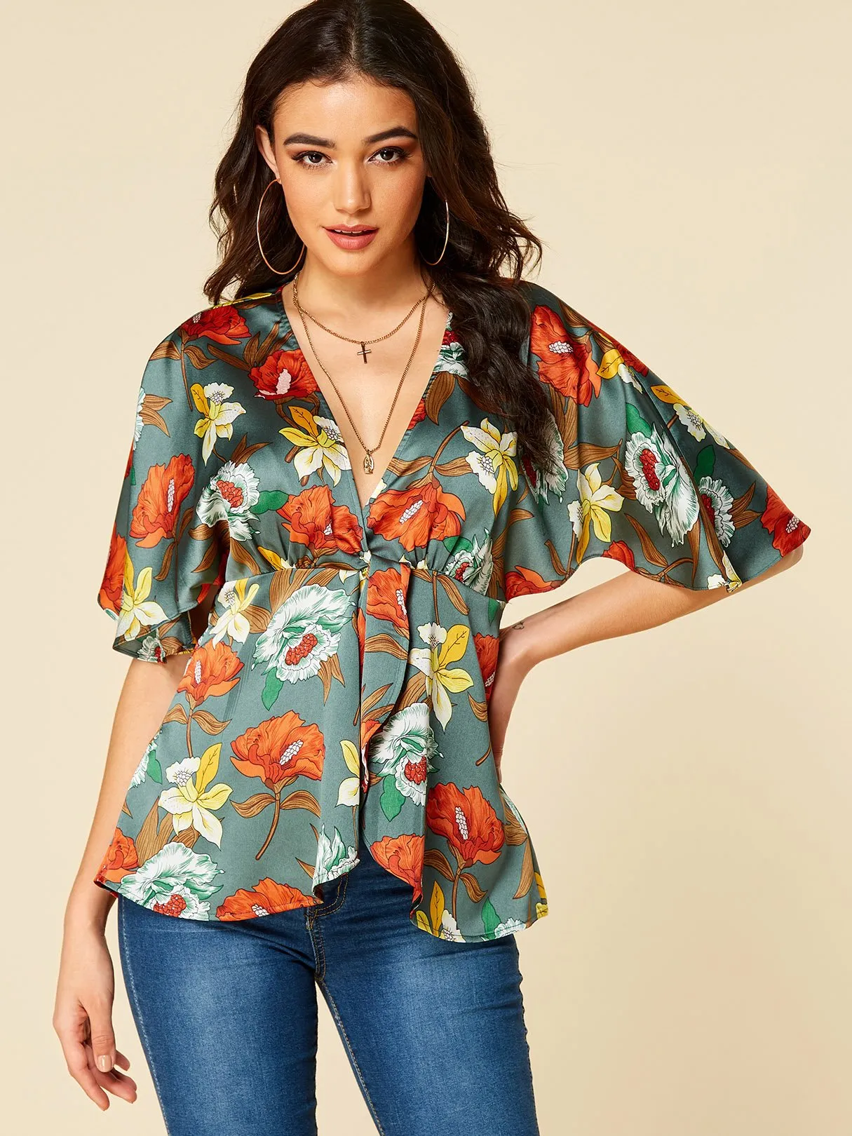 Wholesale Deep V Neck Floral Print Half Sleeve Army Green Blouses