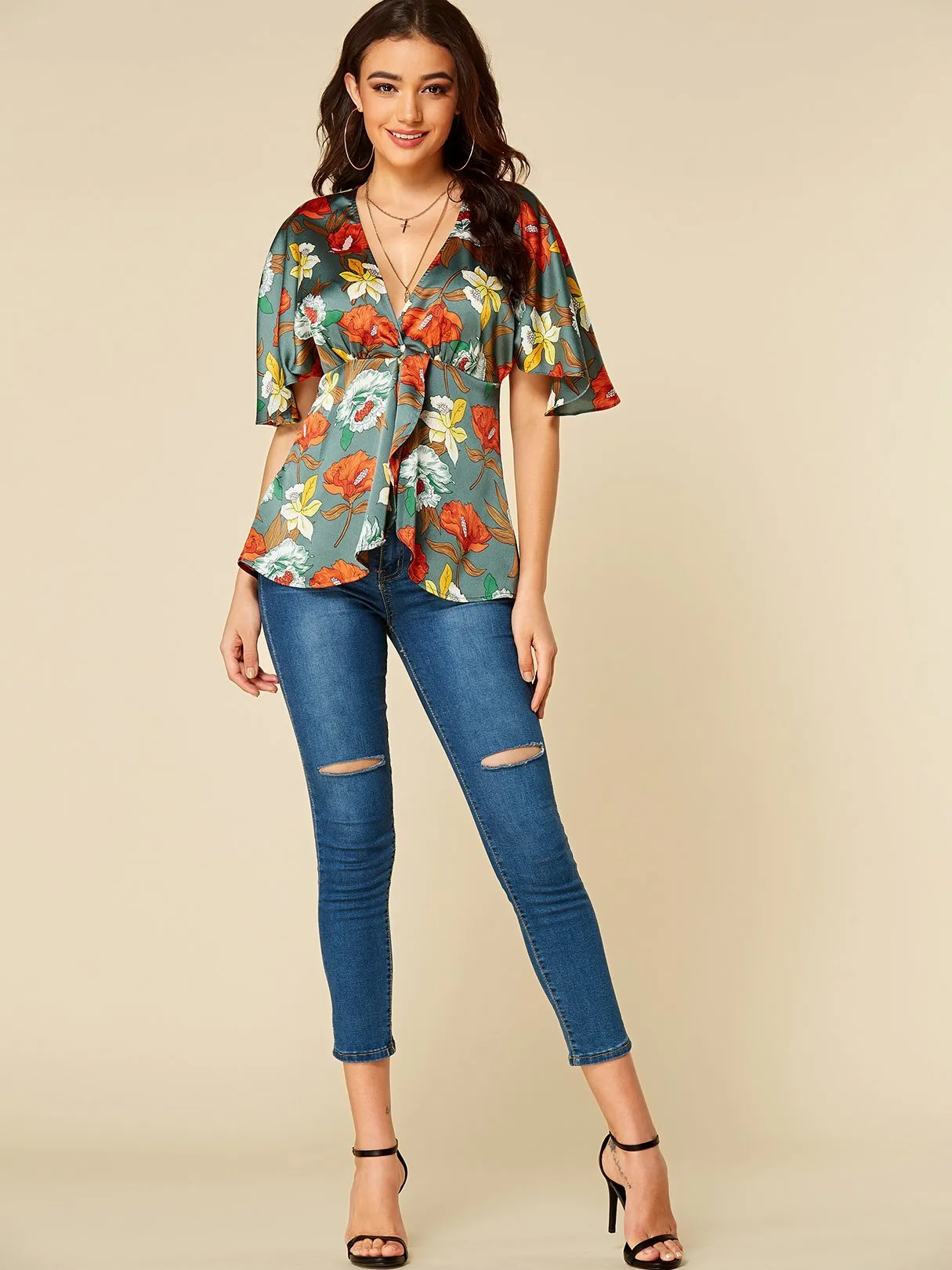 Wholesale Deep V Neck Floral Print Half Sleeve Army Green Blouses