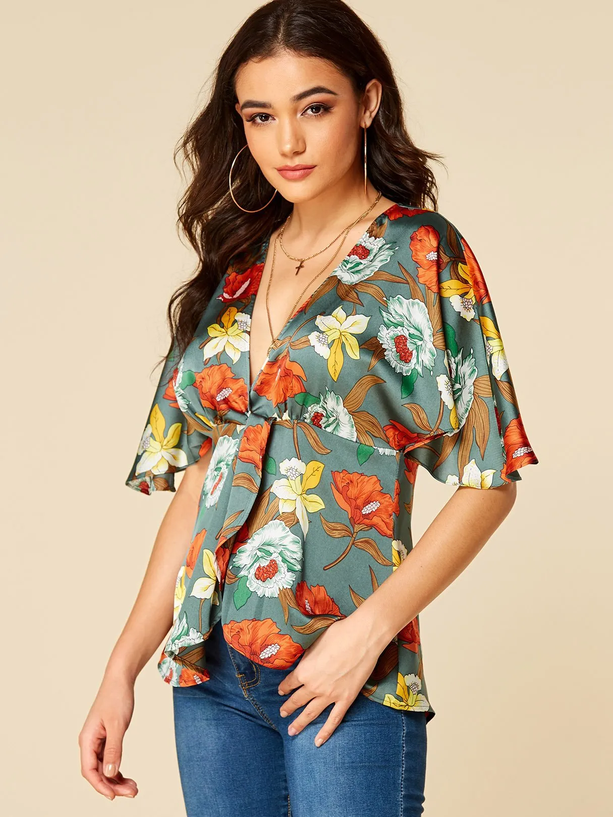 Wholesale Deep V Neck Floral Print Half Sleeve Army Green Blouses