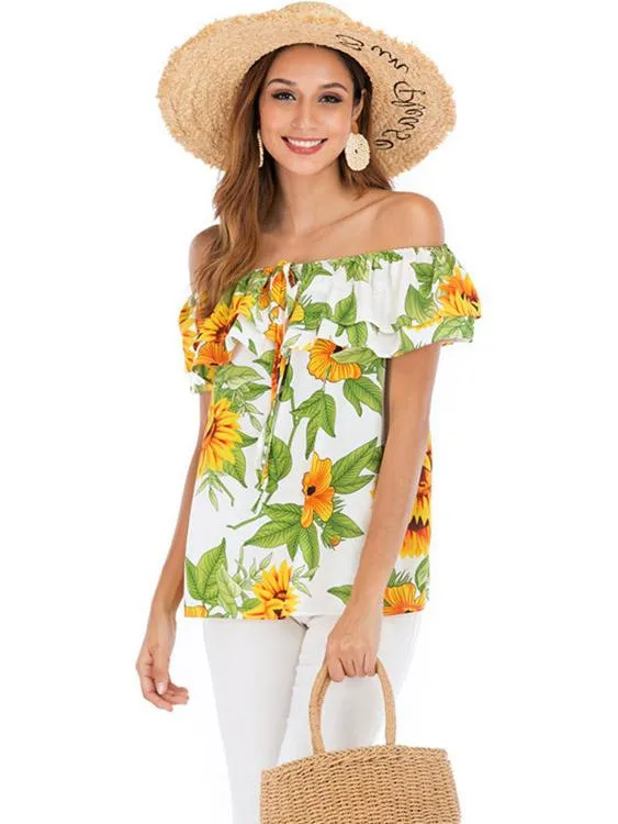 Wholesale Off The Shoulder Floral Print Short Sleeve Blouse