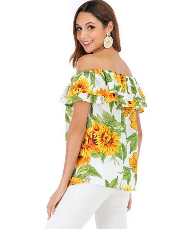 Wholesale Off The Shoulder Floral Print Short Sleeve Blouse