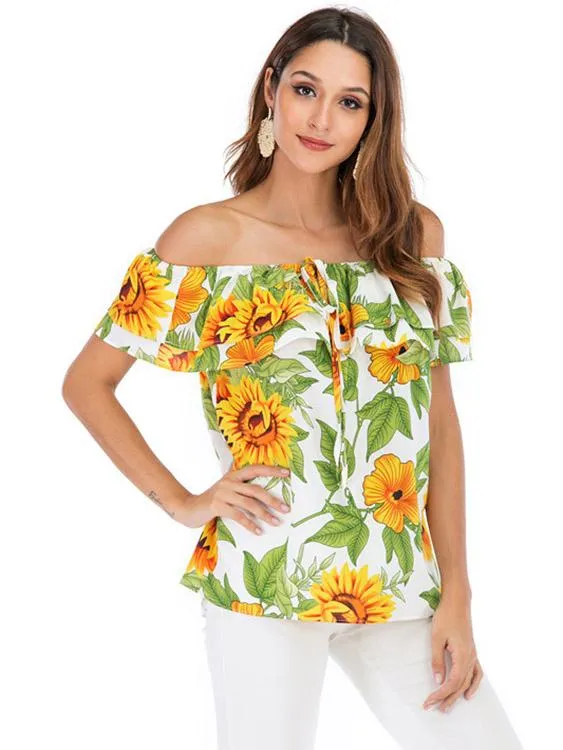 Wholesale Off The Shoulder Floral Print Short Sleeve Blouse