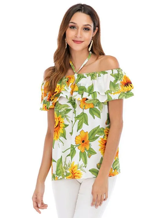 Wholesale Off The Shoulder Floral Print Short Sleeve Blouse