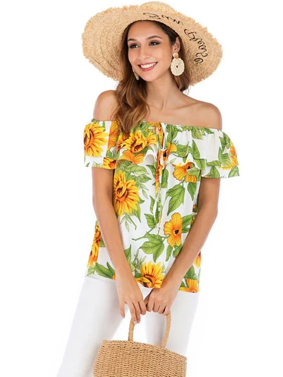 Wholesale Off The Shoulder Floral Print Short Sleeve Blouse