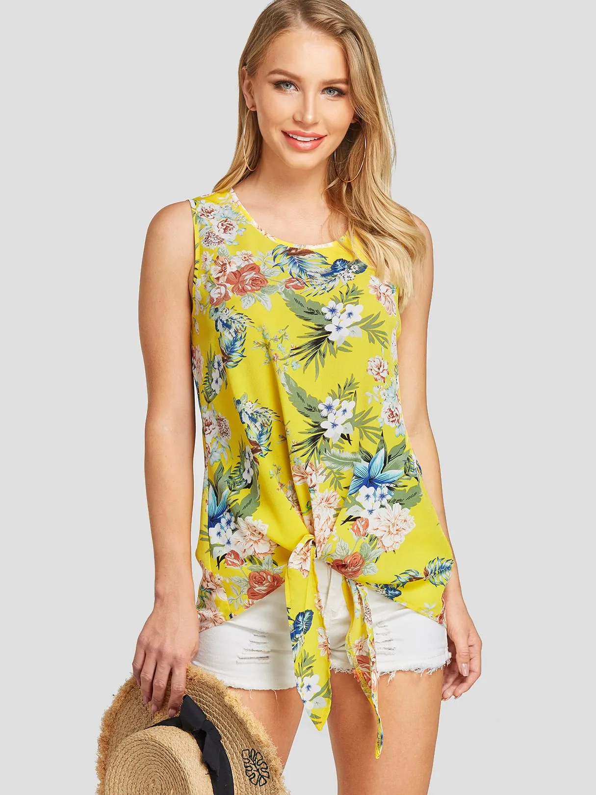 Wholesale Round Neck Floral Print Self-Tie Sleeveless Yellow Blouses