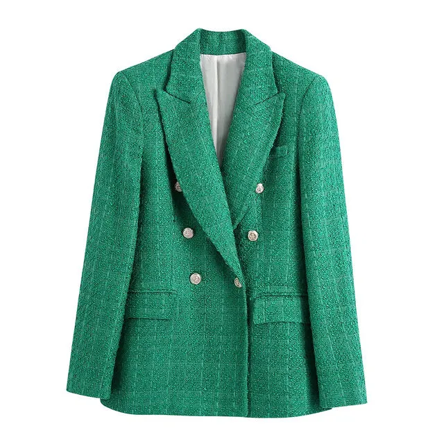 Wjczt   Women Fashion Double Breasted Tweed Green Blazer Coat Vintage Long Sleeve Flap Pockets Female Outerwear Chic Veste