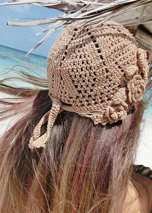 Women Khaki Hollow Out Floral Knitting Cotton Bonnie Hat