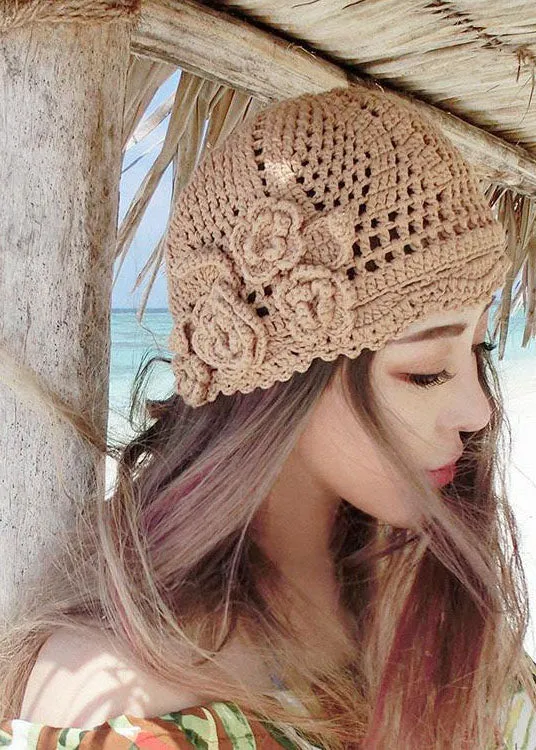 Women Khaki Hollow Out Floral Knitting Cotton Bonnie Hat