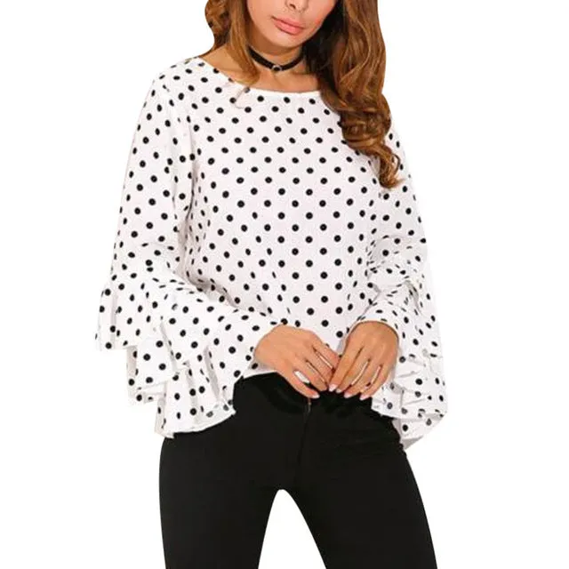 Women Polka Dot Print Flare Sleeve Blouse