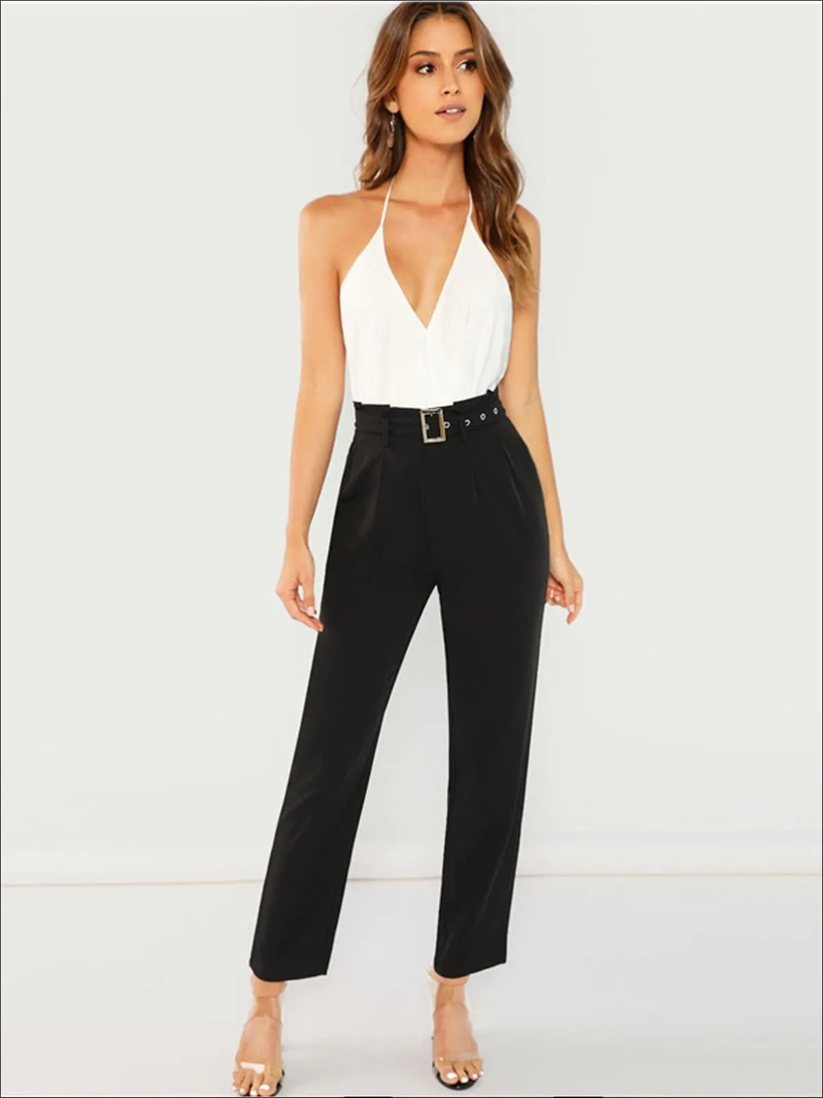 Women's Black Pleated Casual Trousers With Buckle Belt