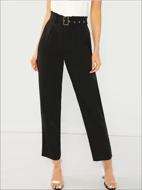 Women's Black Pleated Casual Trousers With Buckle Belt