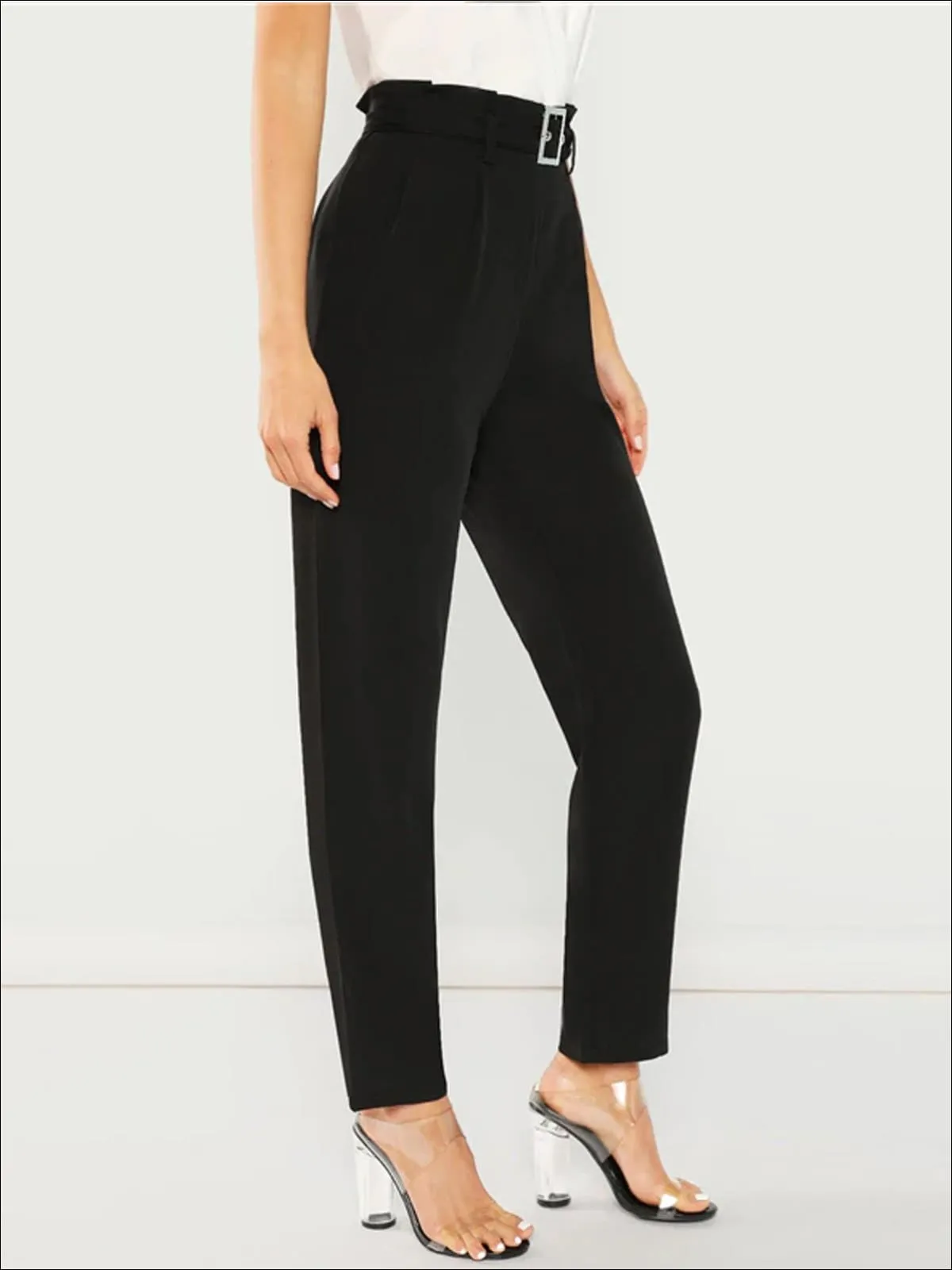 Women's Black Pleated Casual Trousers With Buckle Belt