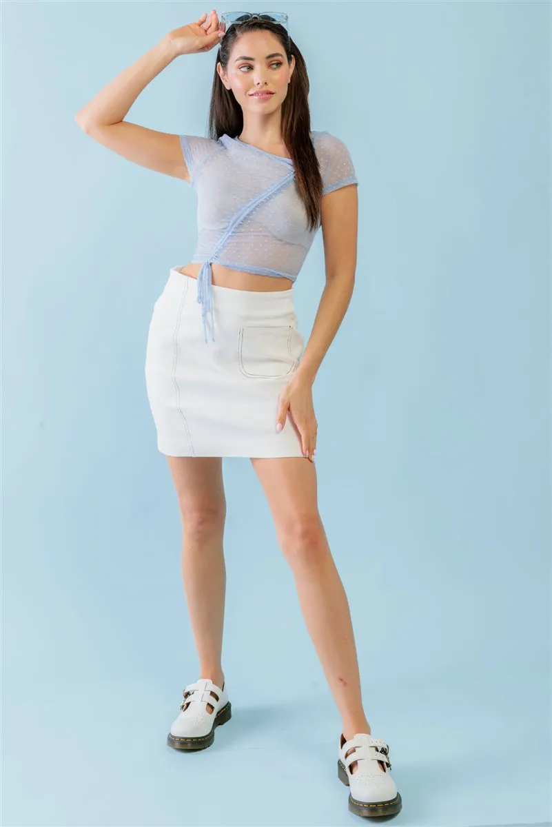 Women's Light Blue Polka Dot Print Sheer Mesh Ruched Front Detail Crop Top