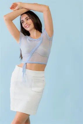 Women's Light Blue Polka Dot Print Sheer Mesh Ruched Front Detail Crop Top