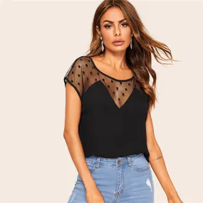 Women's Summer Casual O-Neck Cap-Sleeved Mesh Blouse