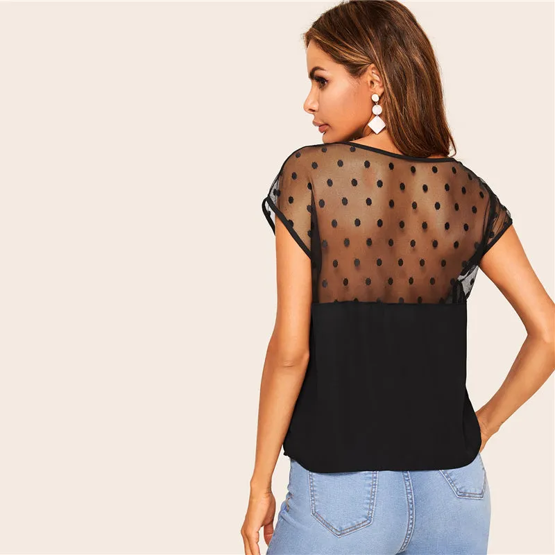 Women's Summer Casual O-Neck Cap-Sleeved Mesh Blouse