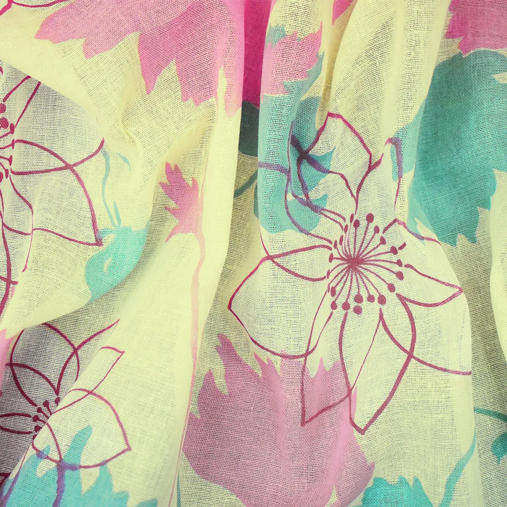 Yellow-Pink Multi Floral Printed Cotton Gauze Woven Fabric